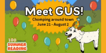 illustrated graphic promoting summer reading mascot, gus.