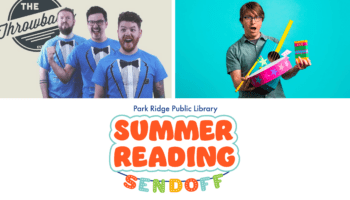 Photos of the three members of the band The Throwbacks, singer Justin Roberts and the Summer Reading Sendoff logo.