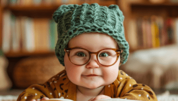 baby in hat and glasses reading book